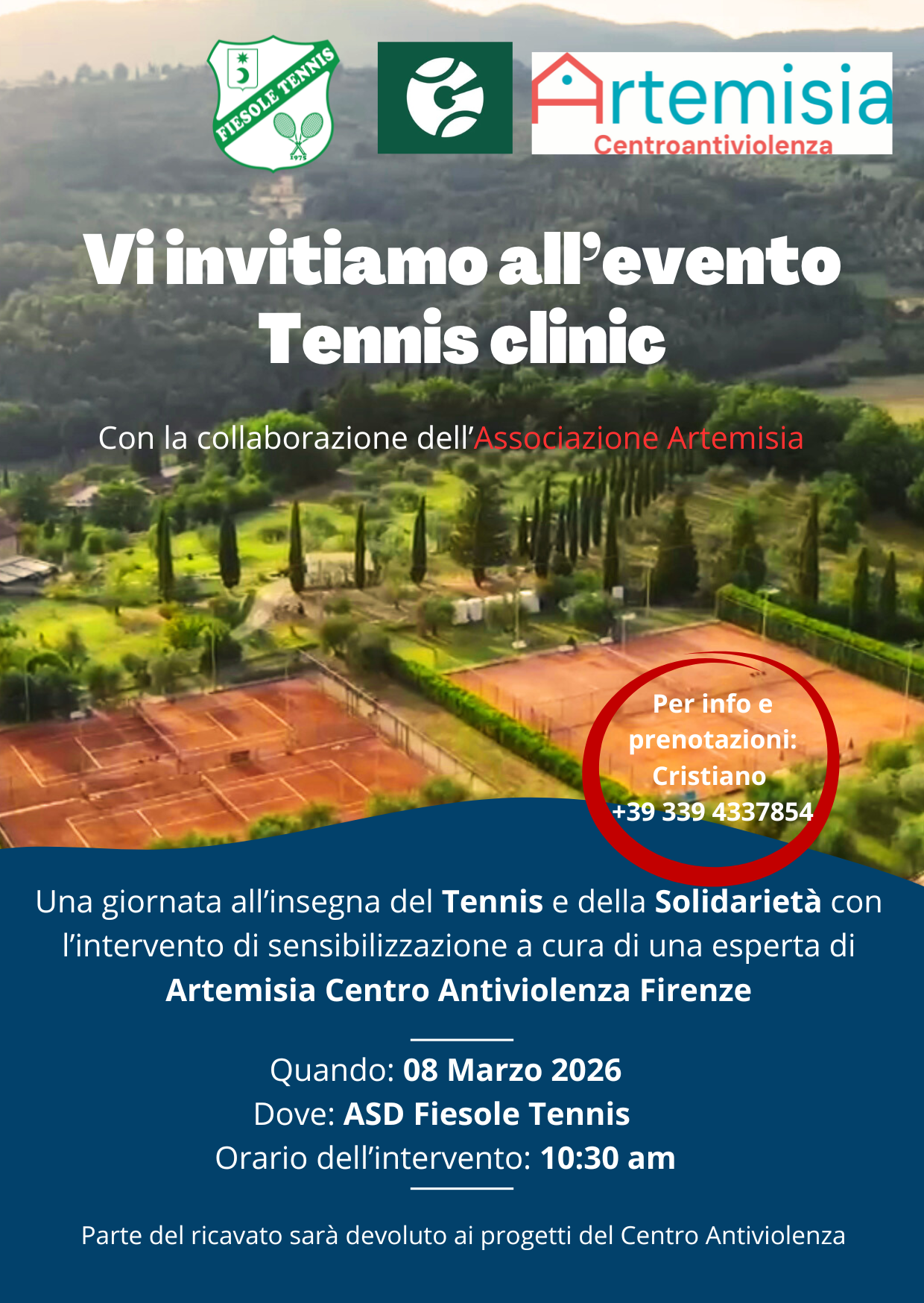 Locandina del Tennis Clinic solidale con Artemisia Centro Antiviolenza Firenze in programma l’8 marzo 2026 presso ASD Fiesole Tennis.