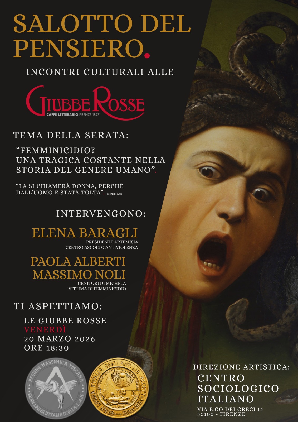 Medusa di Caravaggio simbolo della violenza sulle donne – incontro sul femminicidio alle Giubbe Rosse Firenze con Artemisia